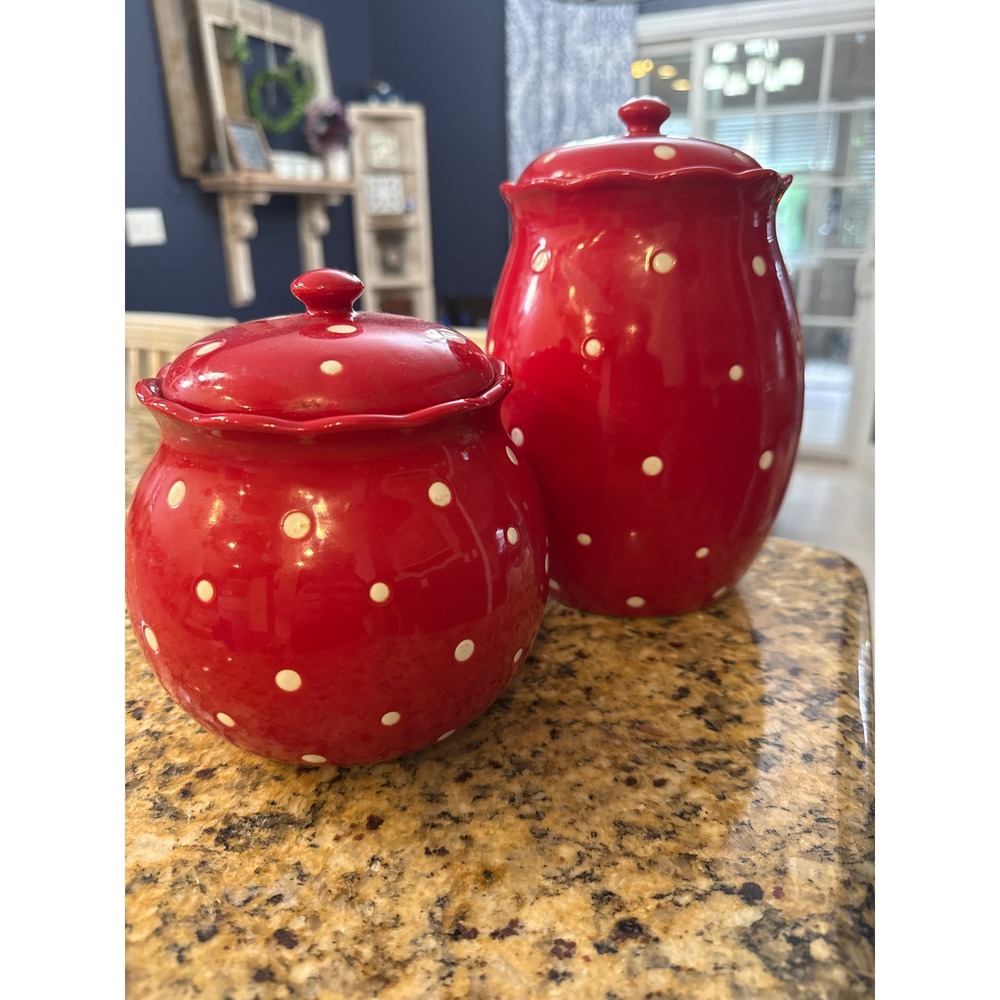 Temp-tations by Tara Red Polka Dot Ceramic Canister Set 2pc 1.3QT 2.0QT